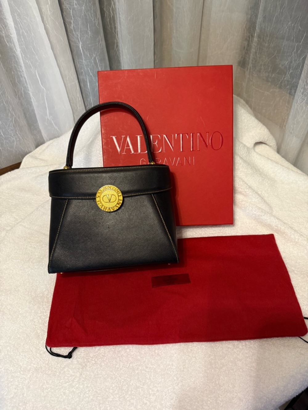 Valentino Black Leather Top-Handle Satchel with Gold Medallion